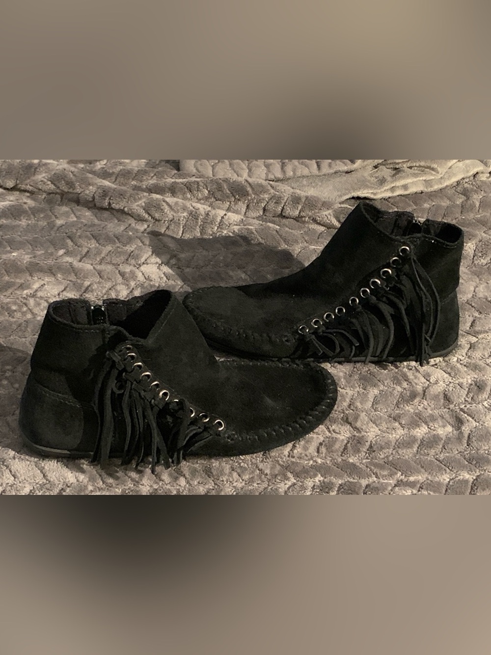Minnetonka Black Suede Fringe Ankle Boot